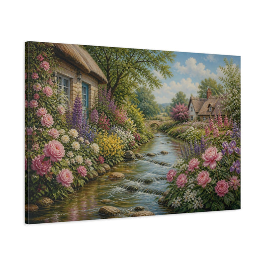 Main Mockup. Cottage Garden By The Stream shown as canvas print