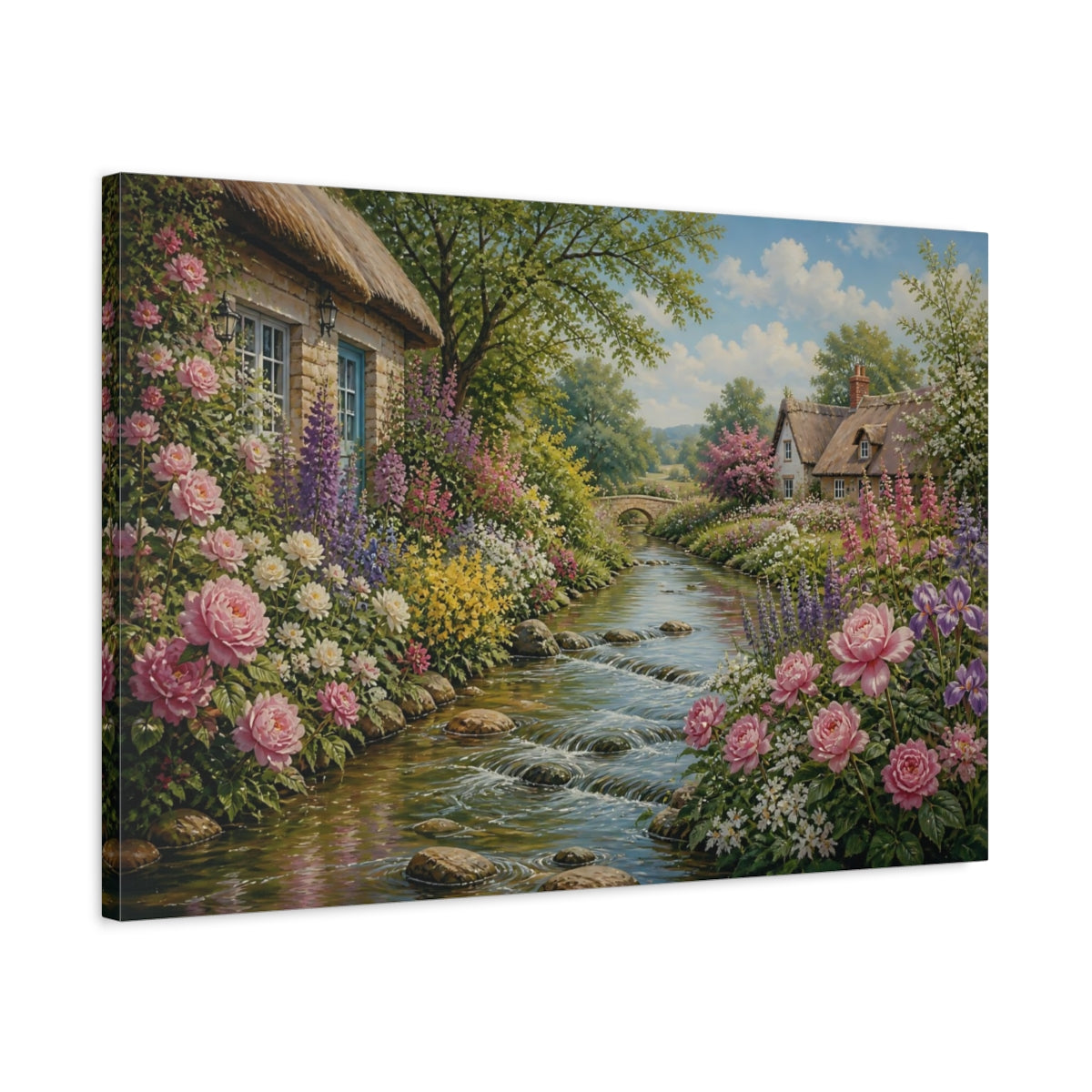 Side Mockup 2. Cottage Garden By The Stream shown as canvas print