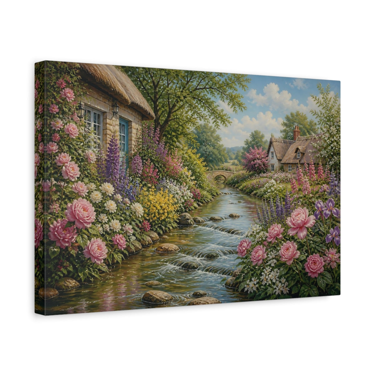 Side Mockup 4. Cottage Garden By The Stream shown as canvas print