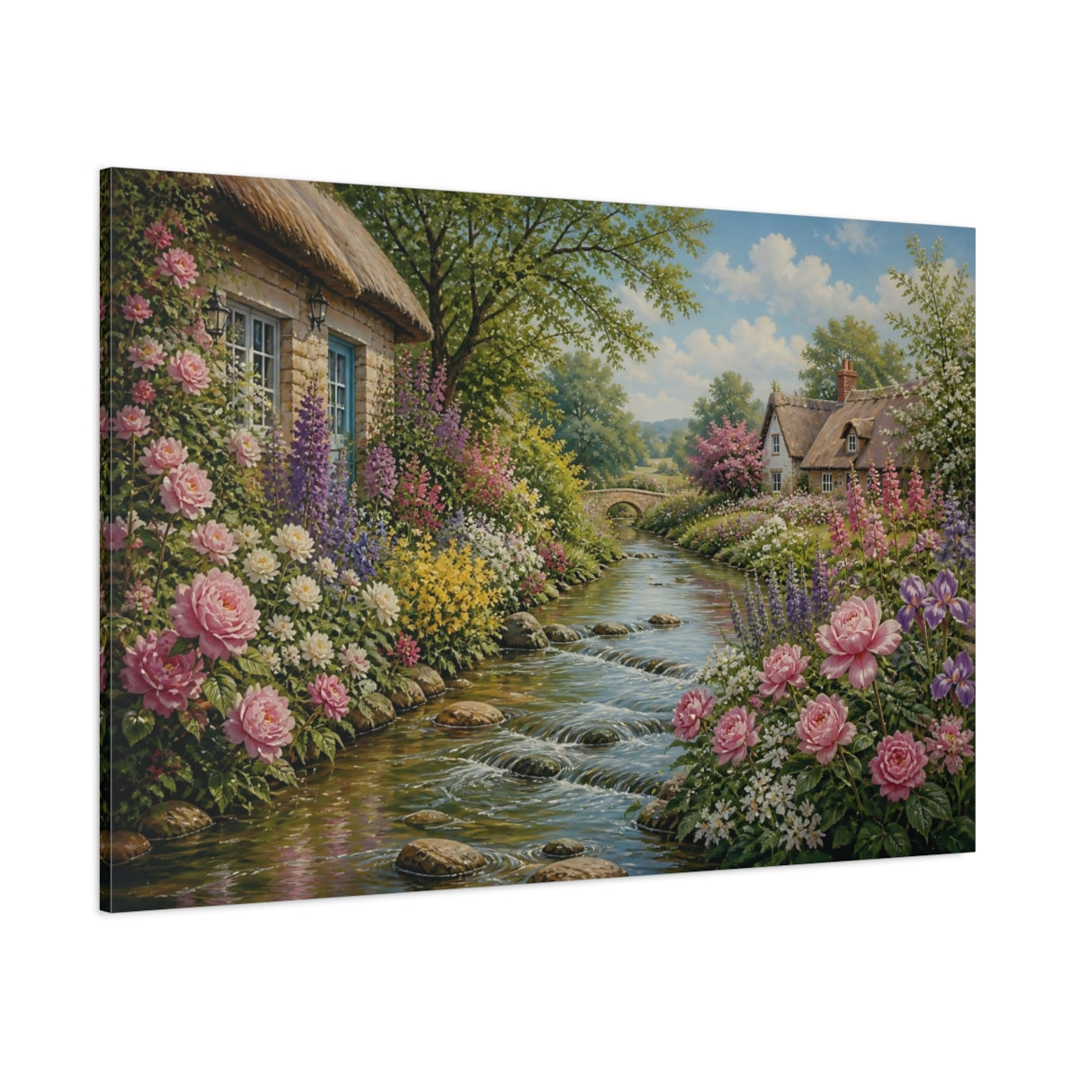 Side Mockup 1. Cottage Garden By The Stream shown as canvas print