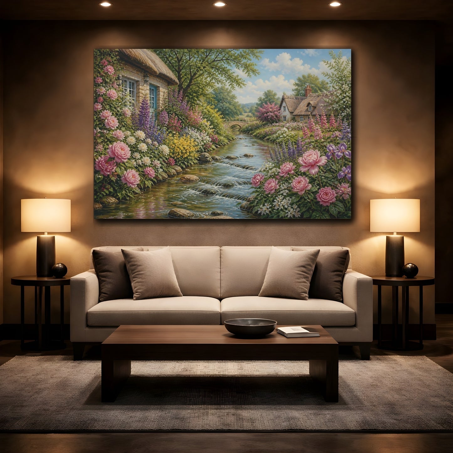 Mockup 2. Cottage Garden By The Stream shown as canvas print