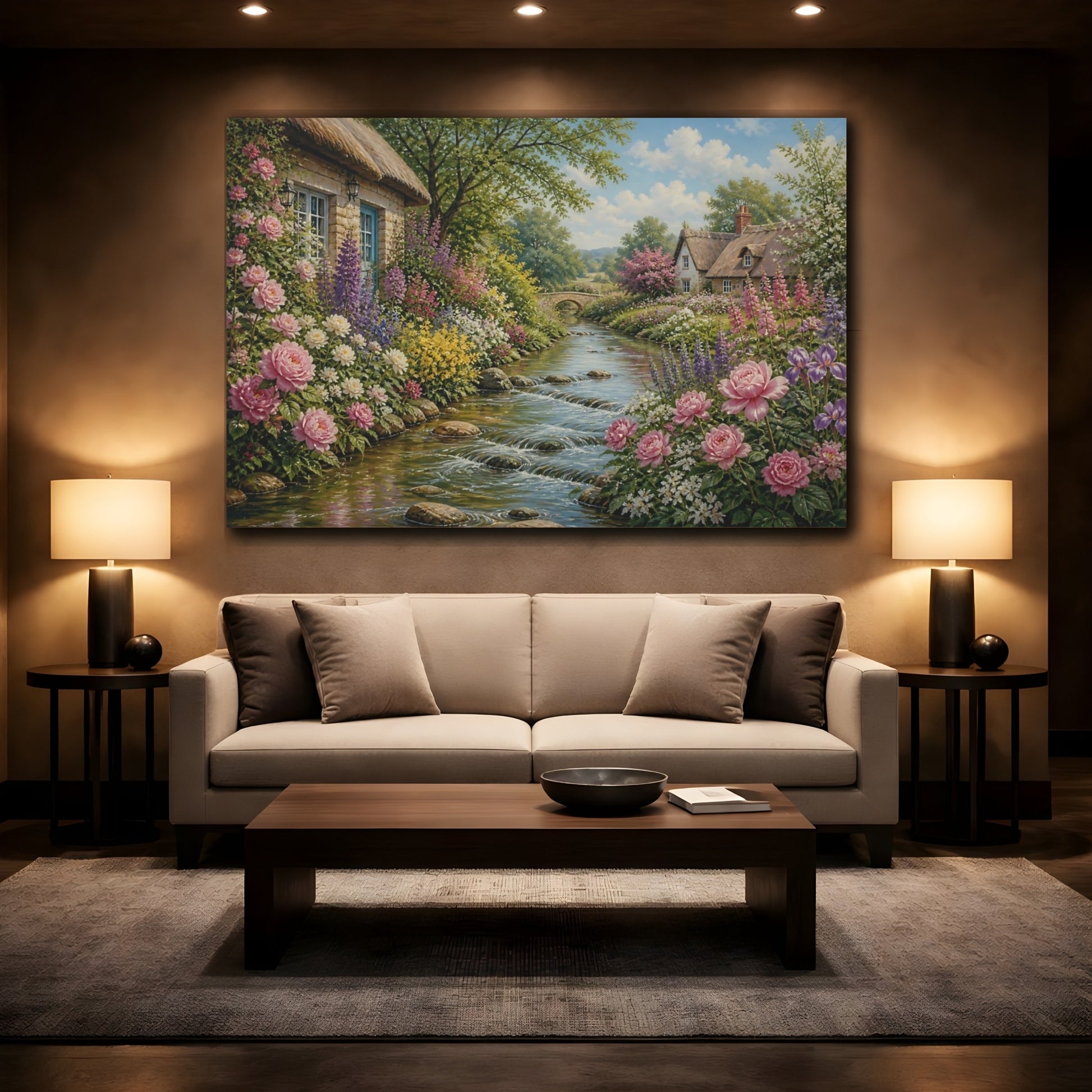 Mockup 2. Cottage Garden By The Stream shown as canvas print