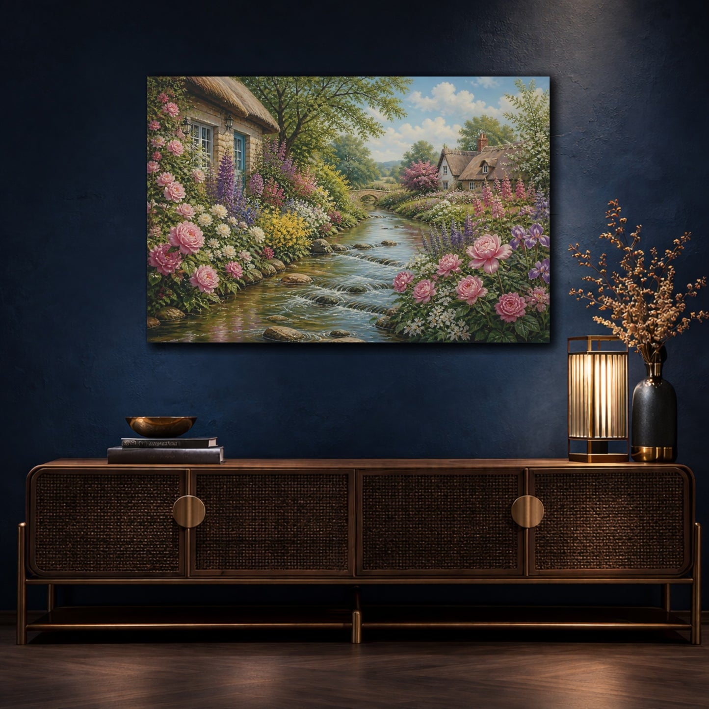Mockup 4. Cottage Garden By The Stream shown as canvas print