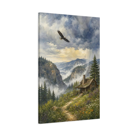 Cottagecore Watercolor Scenery Style Eagle Above Canvas Wall Art Print – Living Room Decor, Sofa - YesArtYes