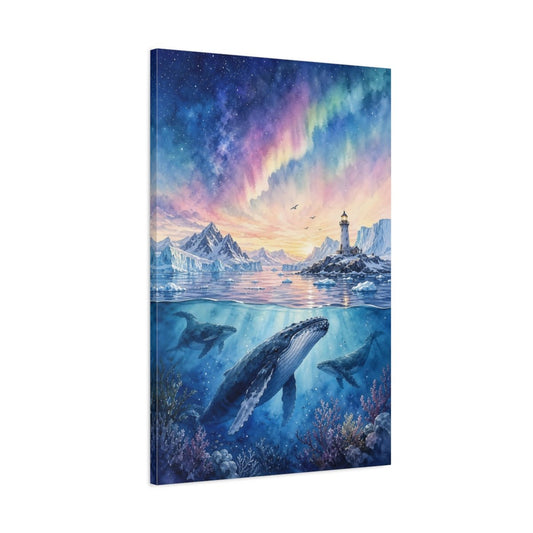 Cottagecore Watercolor Scenery Style Whales Beneath Canvas Wall Art Print – Living Room, Above Sofa - YesArtYes