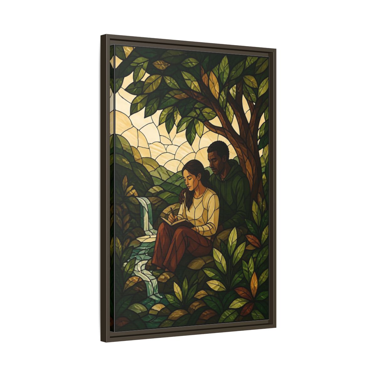 Side Mockup 11. Couple By Waterfall shown as framed canvas print
