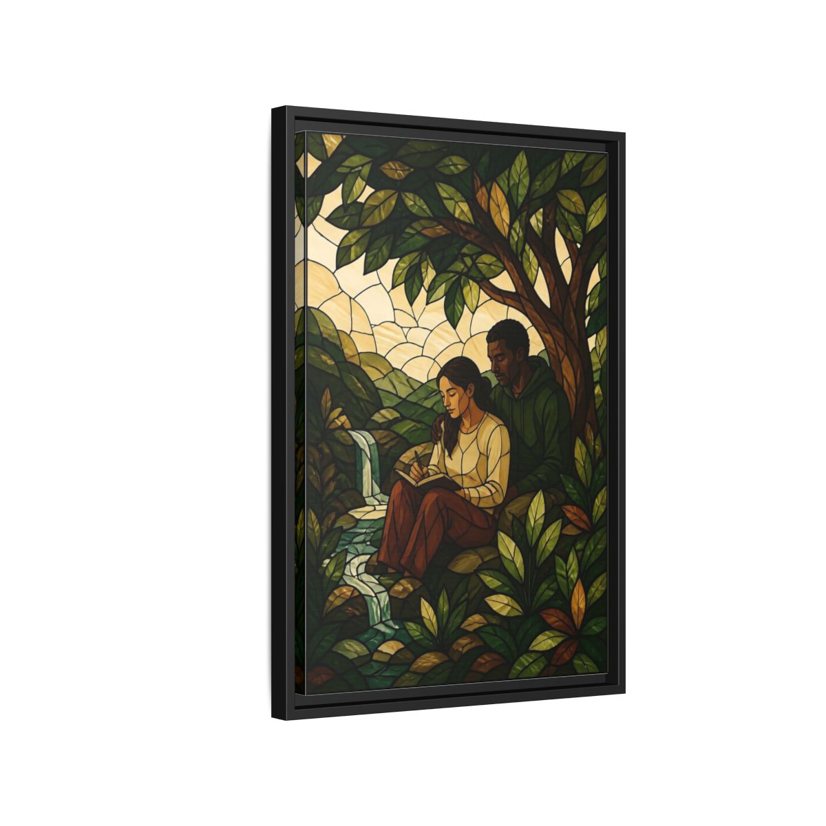 Side Mockup 3. Couple By Waterfall shown as framed canvas print
