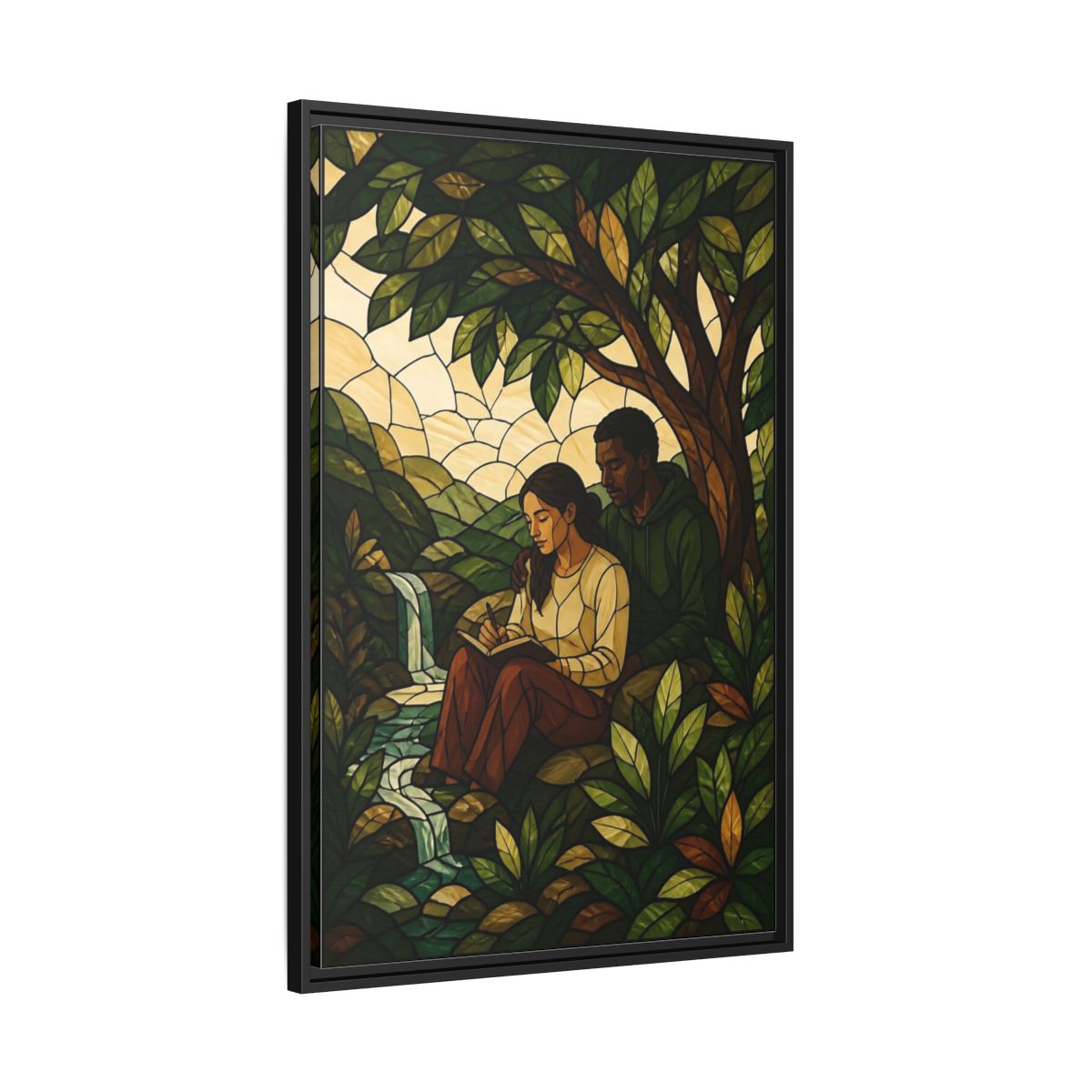 Side Mockup 13. Couple By Waterfall shown as framed canvas print