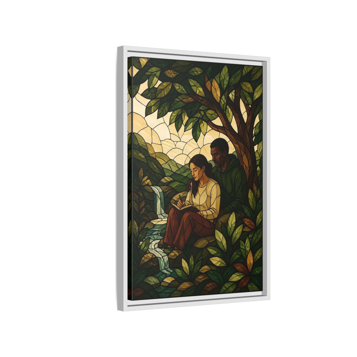 Side Mockup 1. Couple By Waterfall shown as framed canvas print