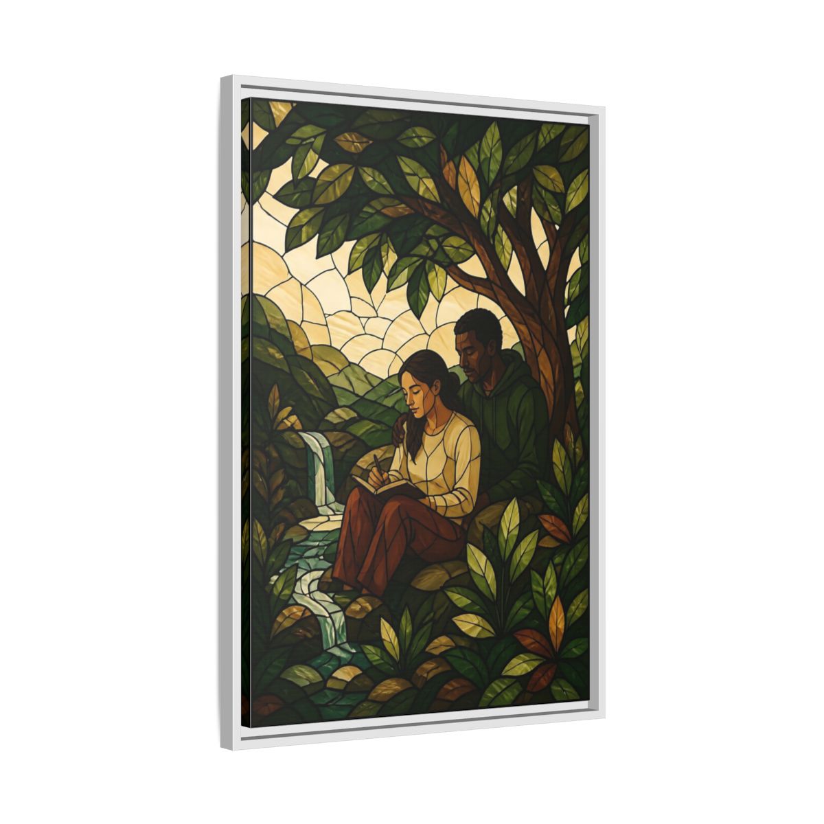 Side Mockup 10. Couple By Waterfall shown as framed canvas print