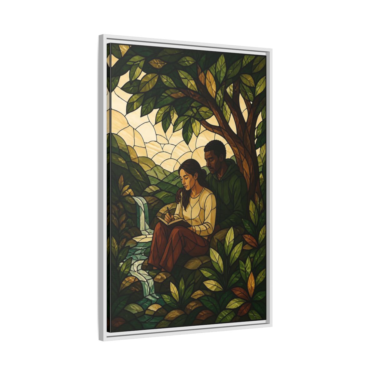 Side Mockup 9. Couple By Waterfall shown as framed canvas print