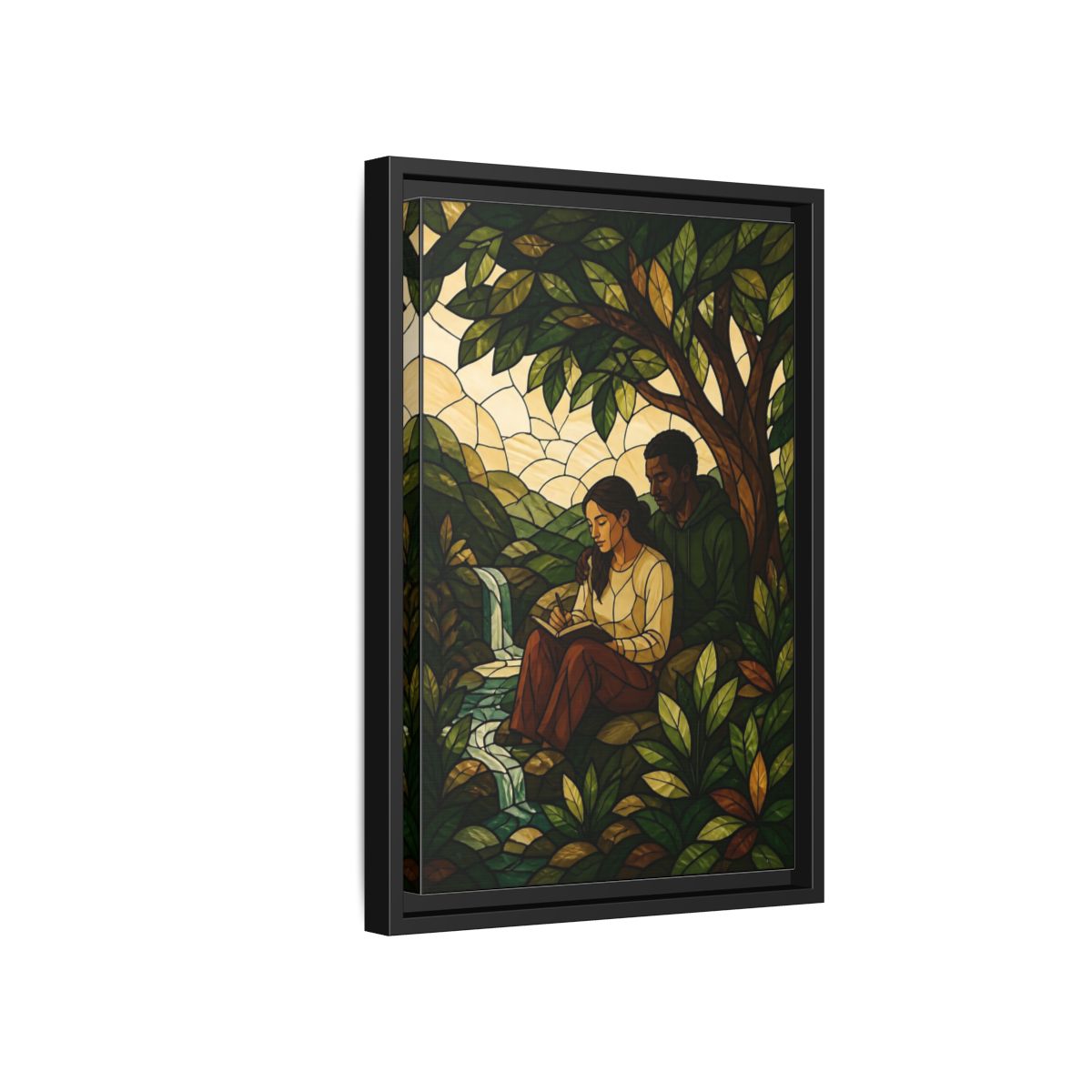 Side Mockup 6. Couple By Waterfall shown as framed canvas print