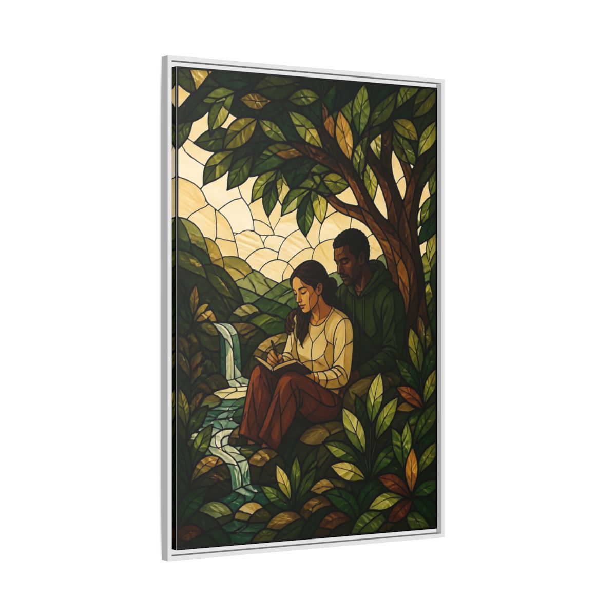 Side Mockup 7. Couple By Waterfall shown as framed canvas print