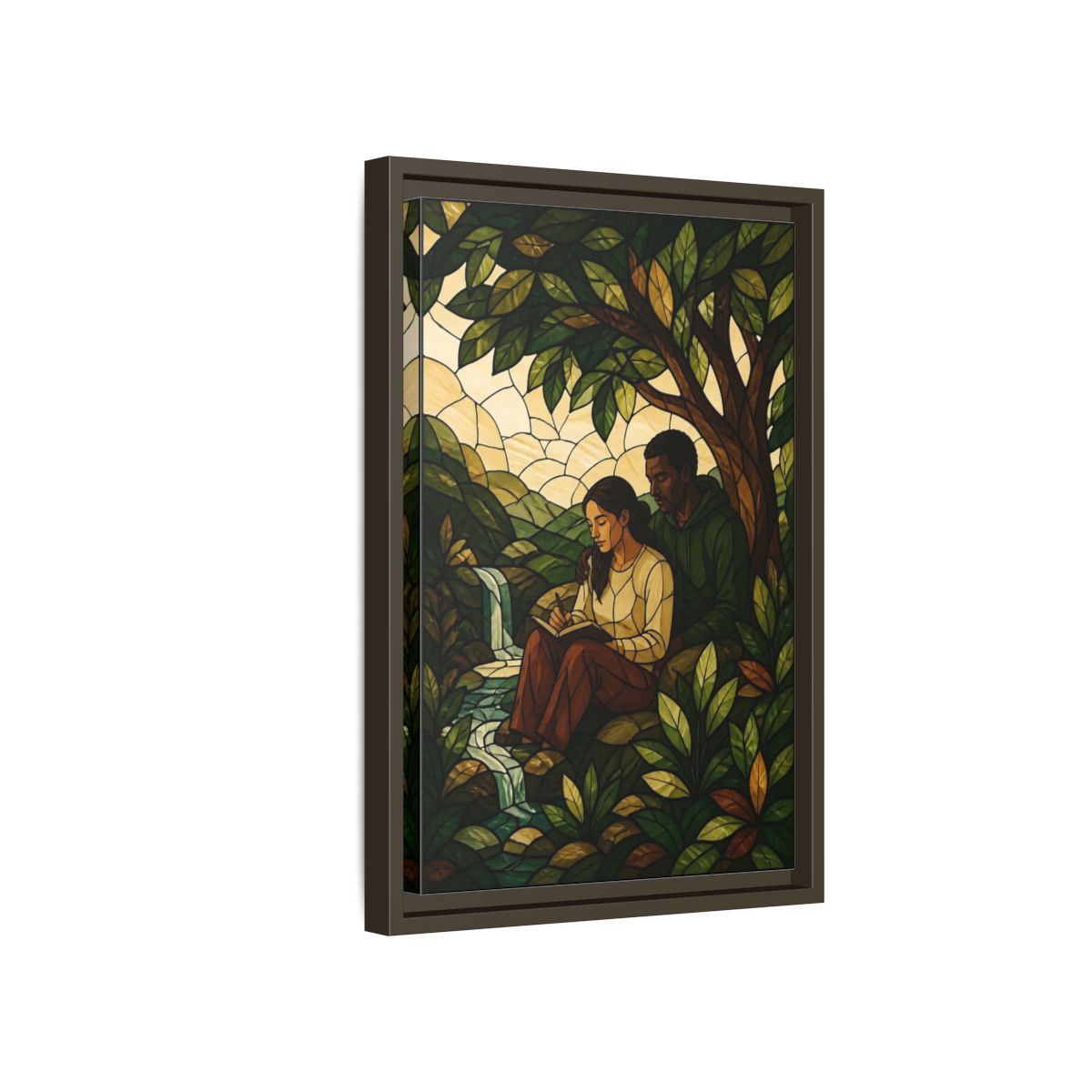 Side Mockup 5. Couple By Waterfall shown as framed canvas print