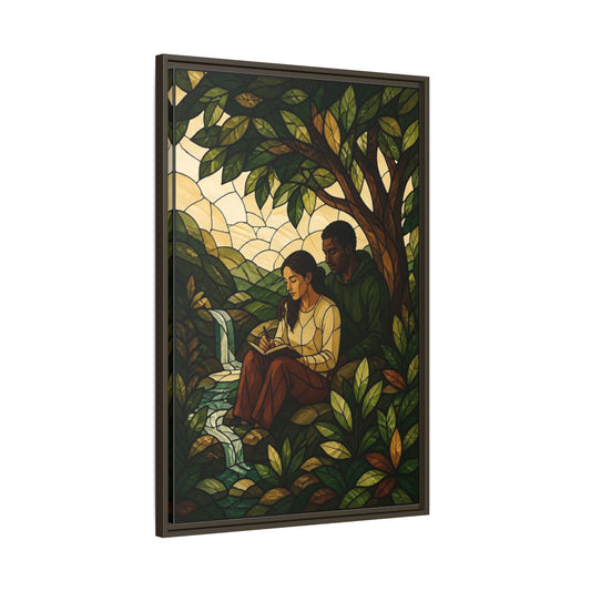 Main Mockup. Couple By Waterfall shown as framed canvas print
