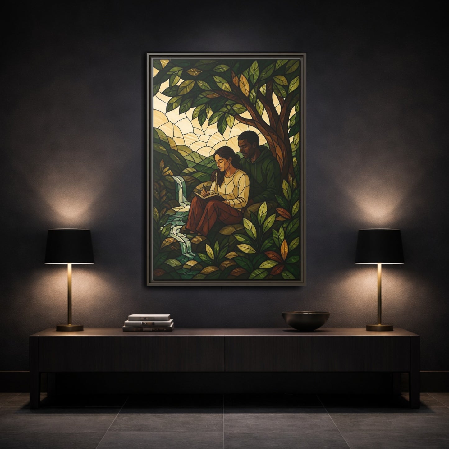 Mockup 3. Couple By Waterfall shown as framed canvas print