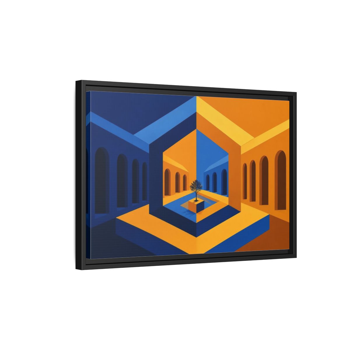 Side Mockup 3. Courtyard Illusion shown as framed canvas print