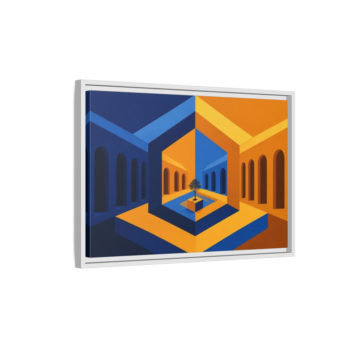 Side Mockup 1. Courtyard Illusion shown as framed canvas print