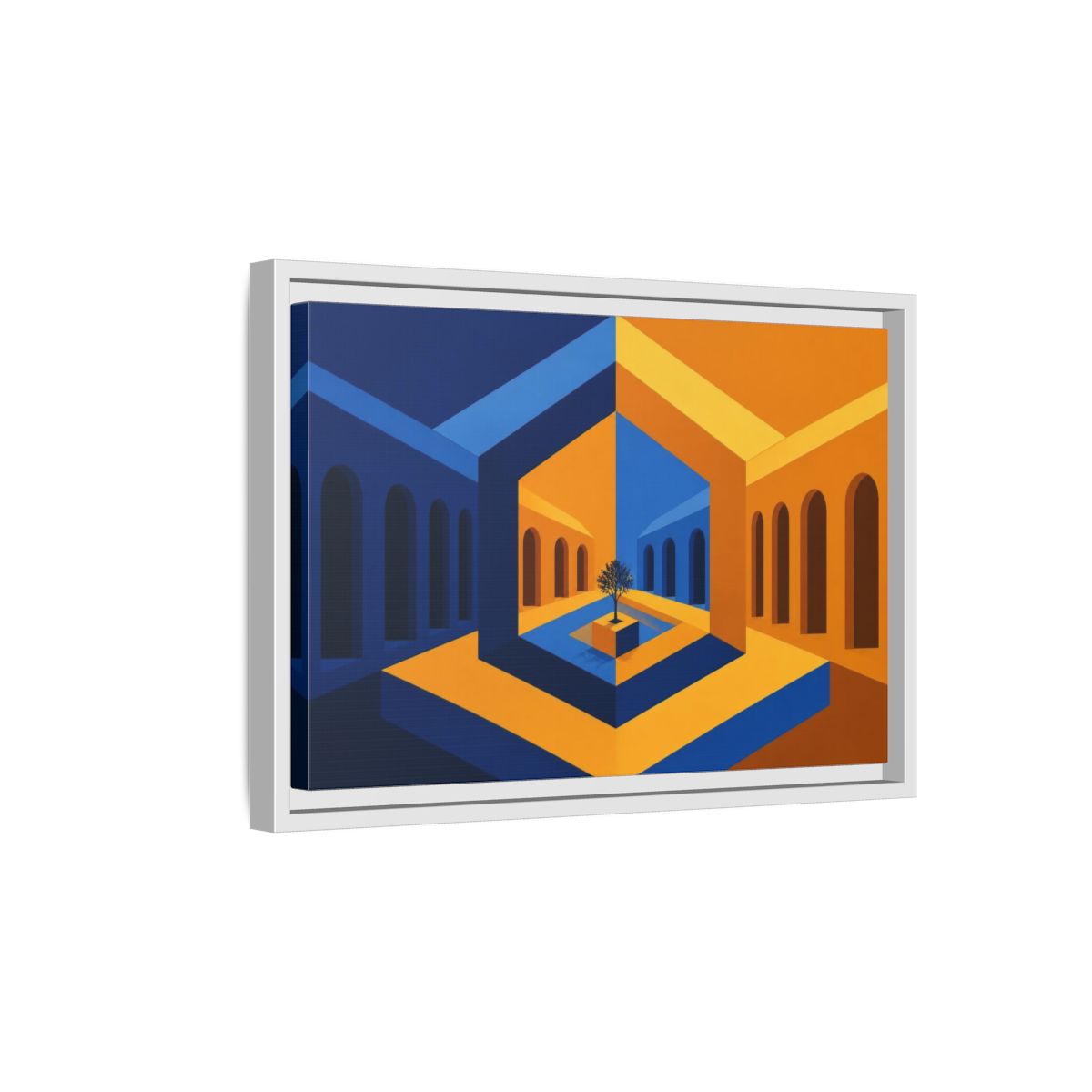 Side Mockup 4. Courtyard Illusion shown as framed canvas print