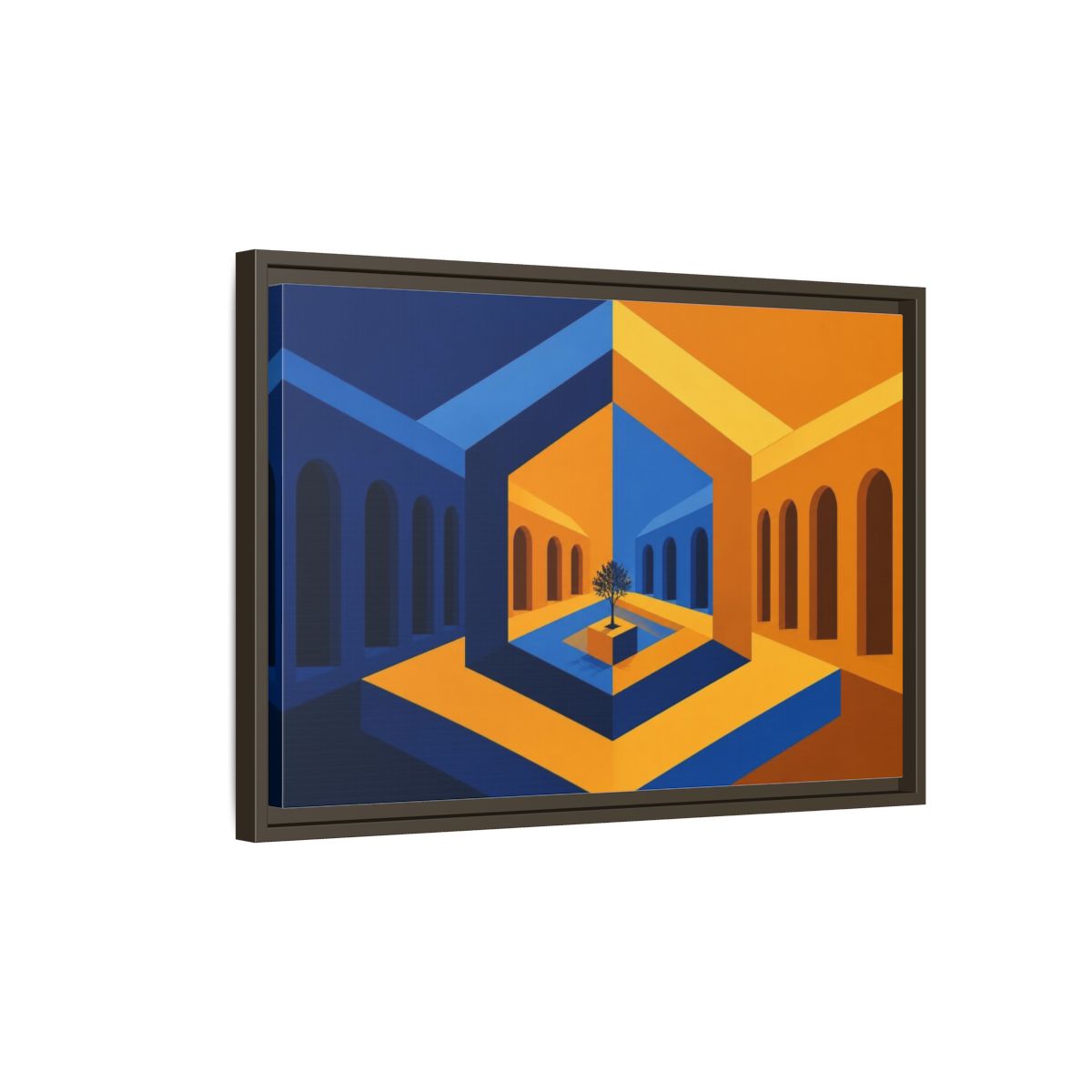 Side Mockup 2. Courtyard Illusion shown as framed canvas print