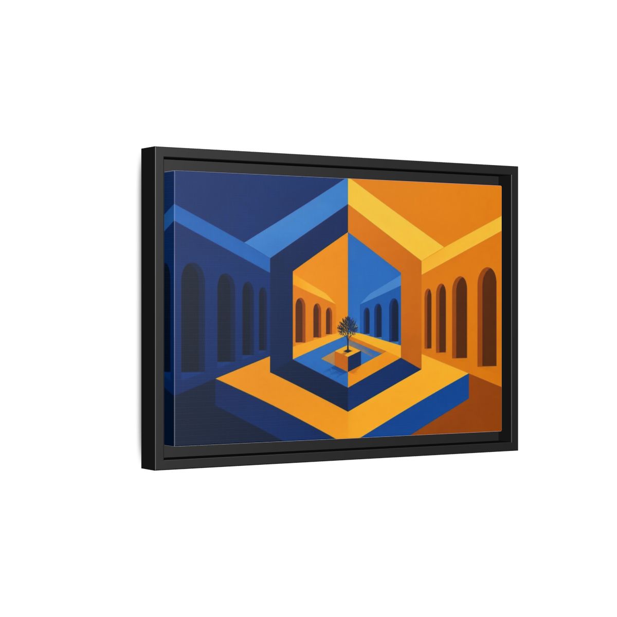 Side Mockup 6. Courtyard Illusion shown as framed canvas print