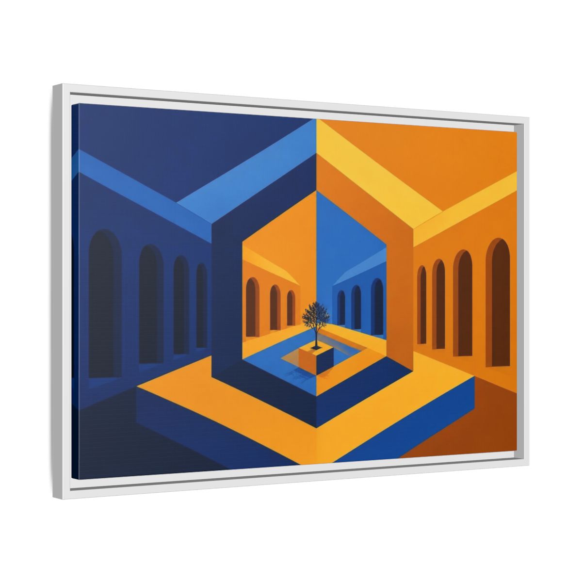 Side Mockup 10. Courtyard Illusion shown as framed canvas print