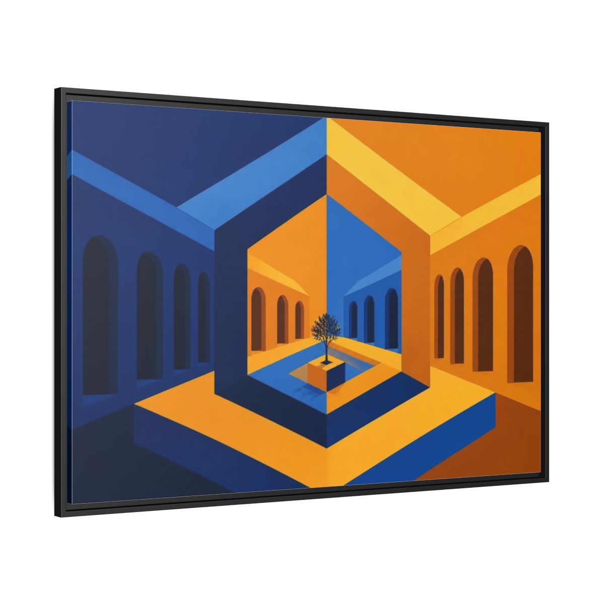 Side Mockup 12. Courtyard Illusion shown as framed canvas print