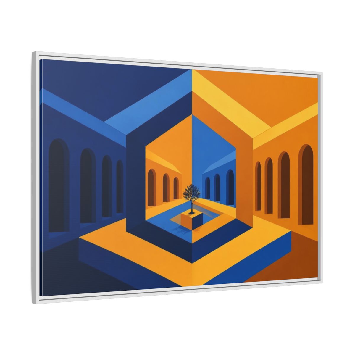 Side Mockup 7. Courtyard Illusion shown as framed canvas print