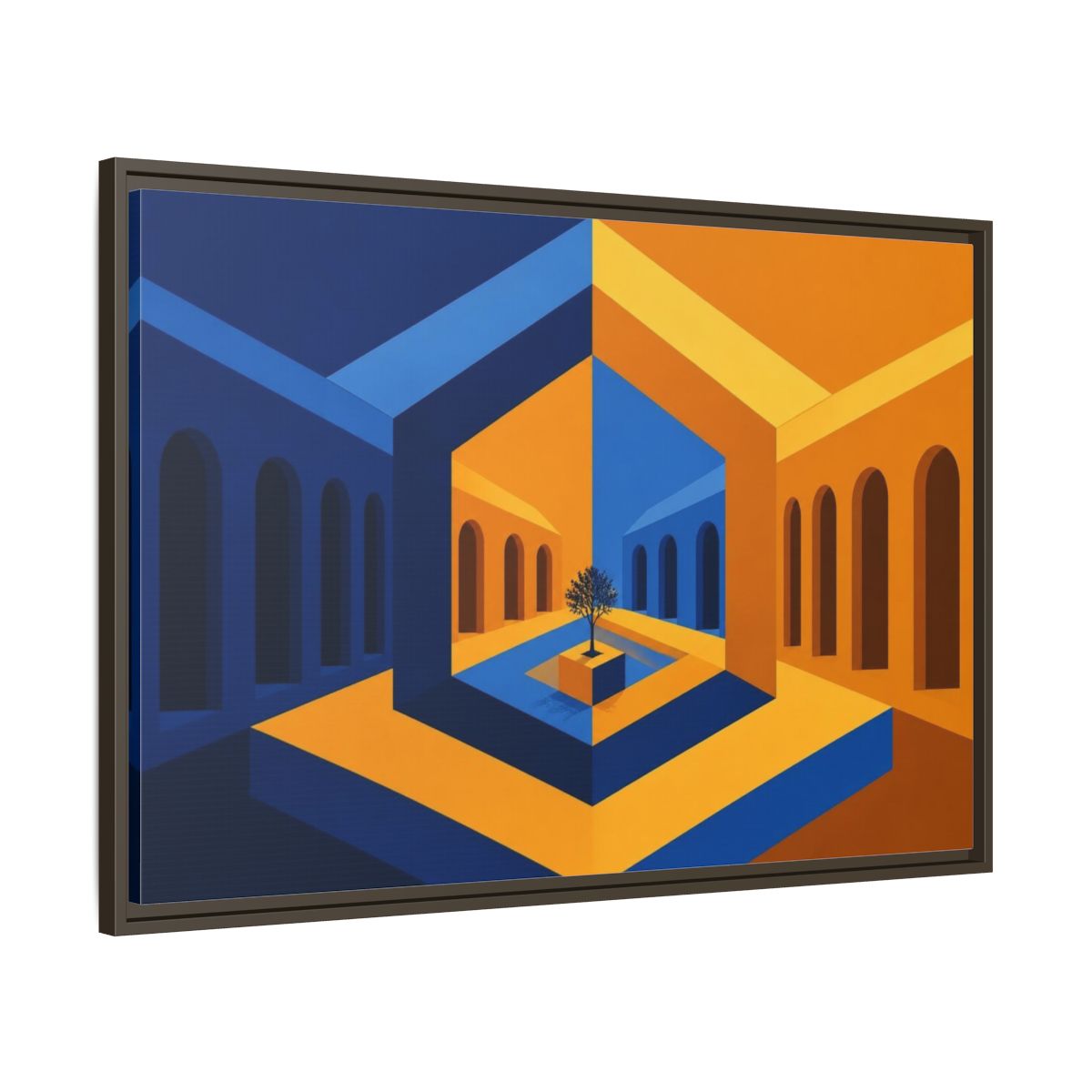 Main Mockup. Courtyard Illusion shown as framed canvas print