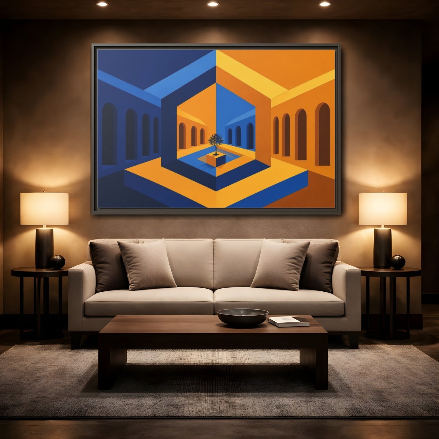 Mockup 2. Courtyard Illusion shown as framed canvas print