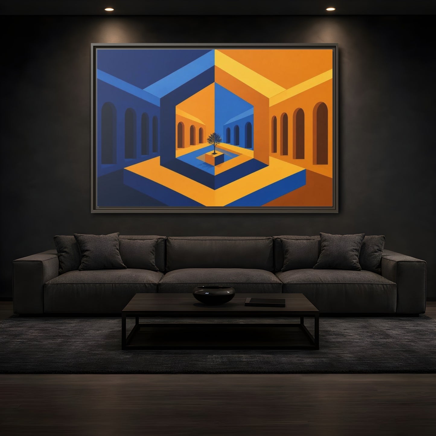 Mockup 3. Courtyard Illusion shown as framed canvas print
