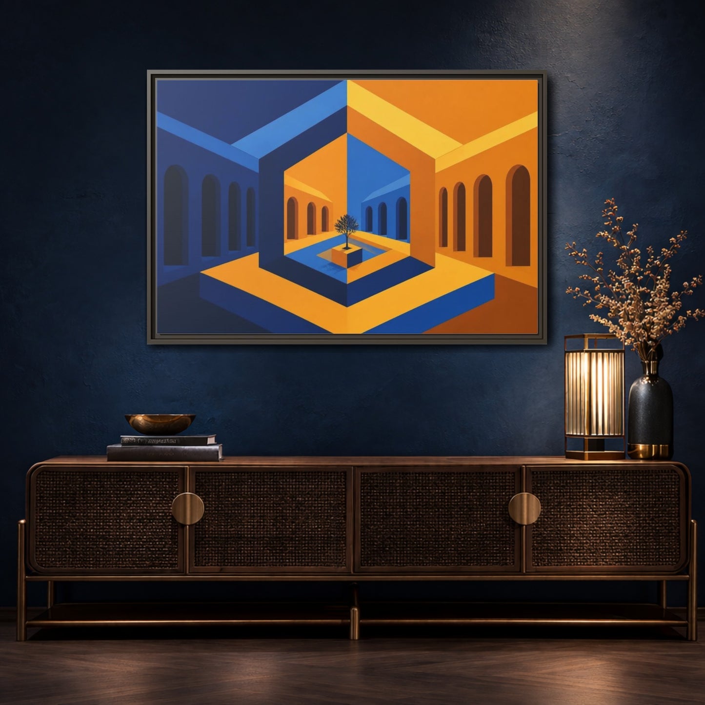 Mockup 4. Courtyard Illusion shown as framed canvas print