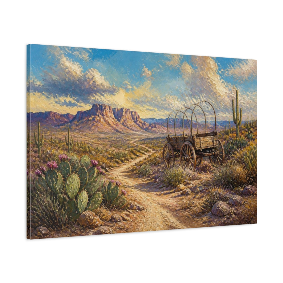 Main Mockup. Covered Wagon Desert Landscape shown as canvas print