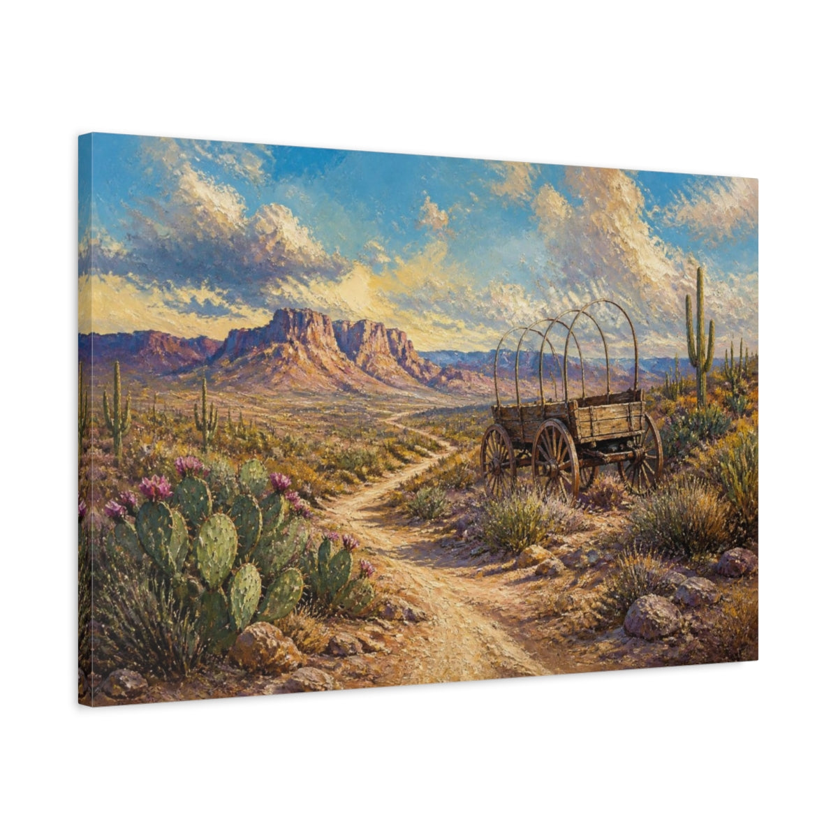 Side Mockup 2. Covered Wagon Desert Landscape shown as canvas print