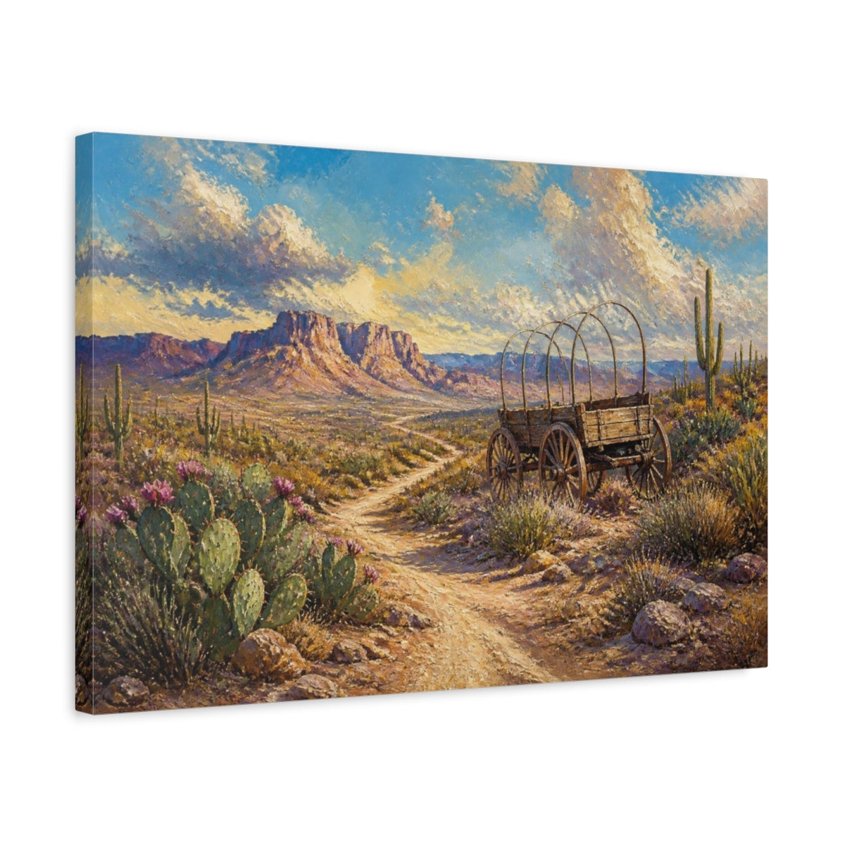 Side Mockup 3. Covered Wagon Desert Landscape shown as canvas print