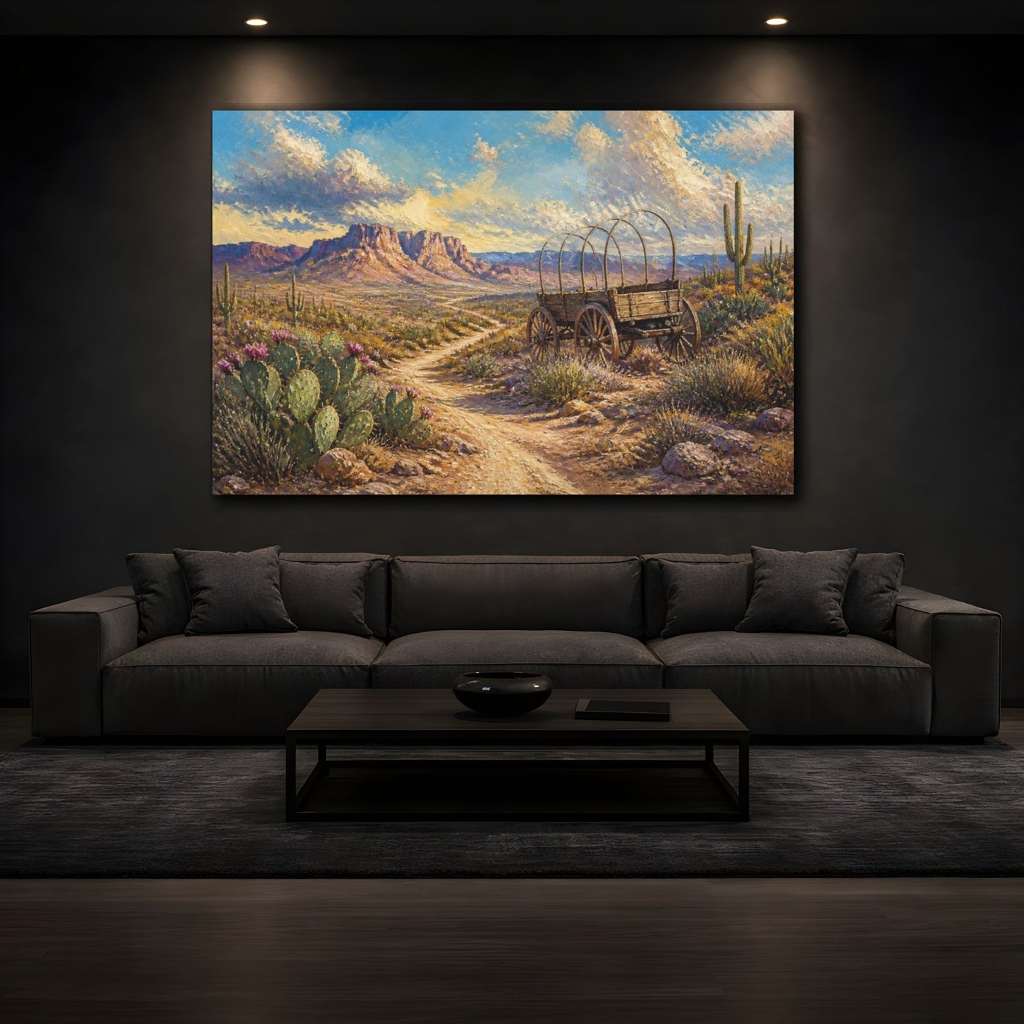 Mockup 3. Covered Wagon Desert Landscape shown as canvas print