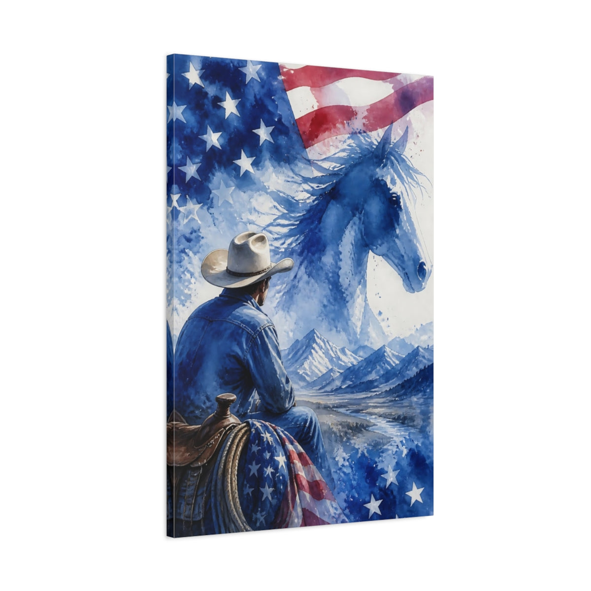 Main Mockup. Cowboy And Blue Horse shown as canvas print