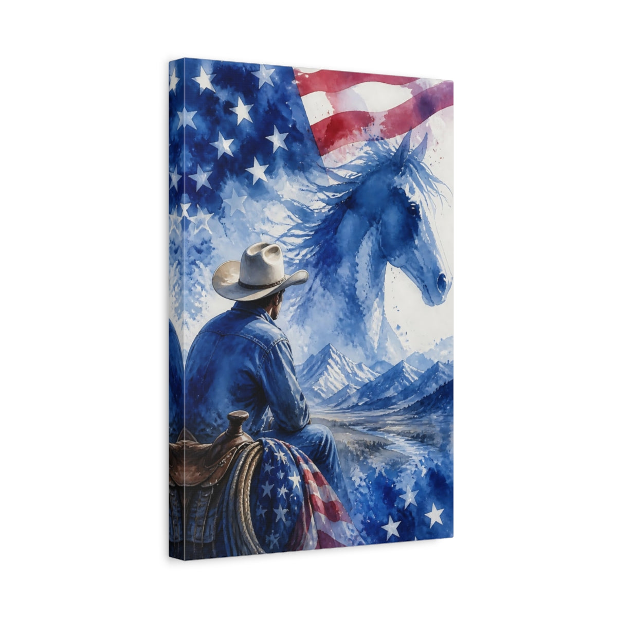Side Mockup 4. Cowboy And Blue Horse shown as canvas print