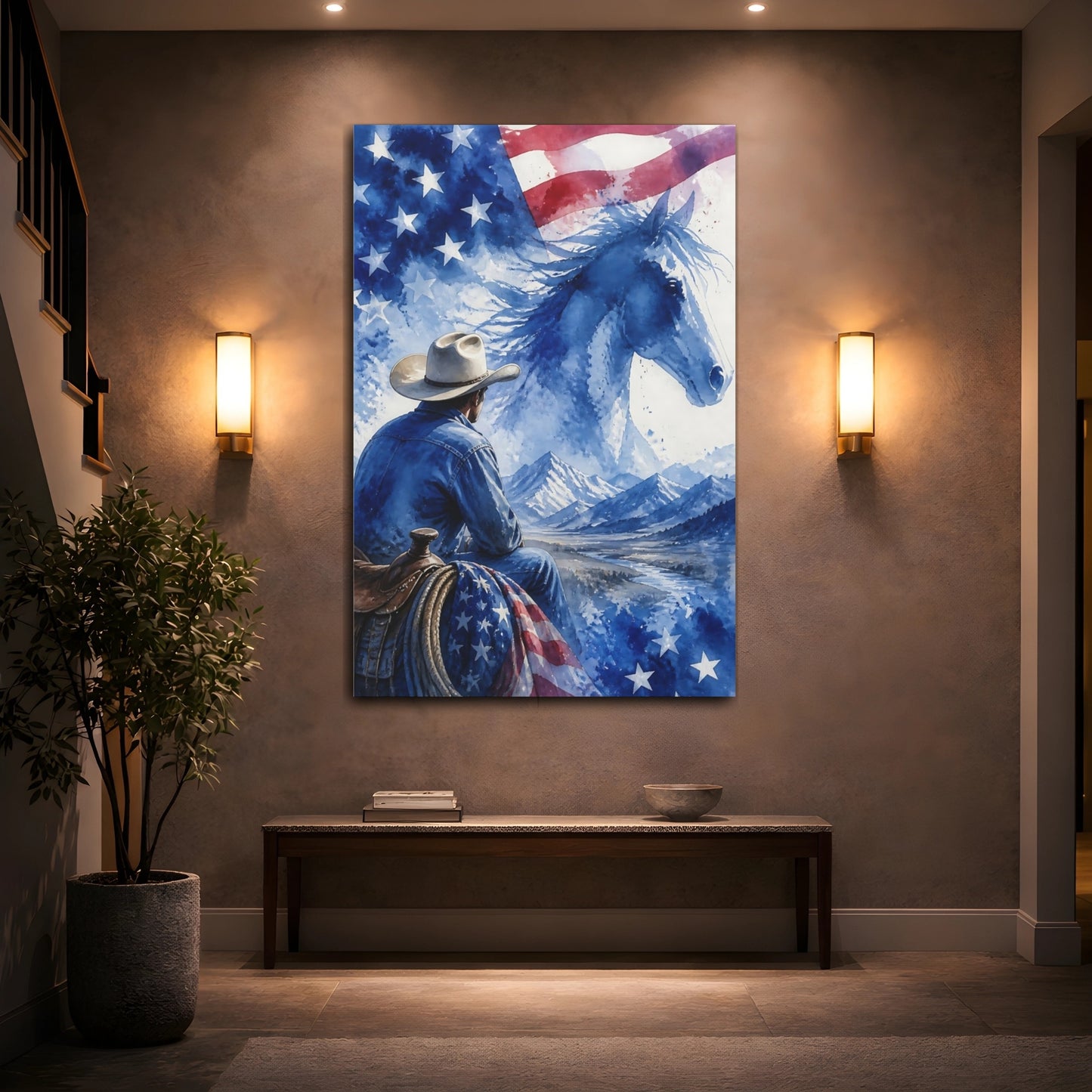 Mockup 2. Cowboy And Blue Horse shown as canvas print