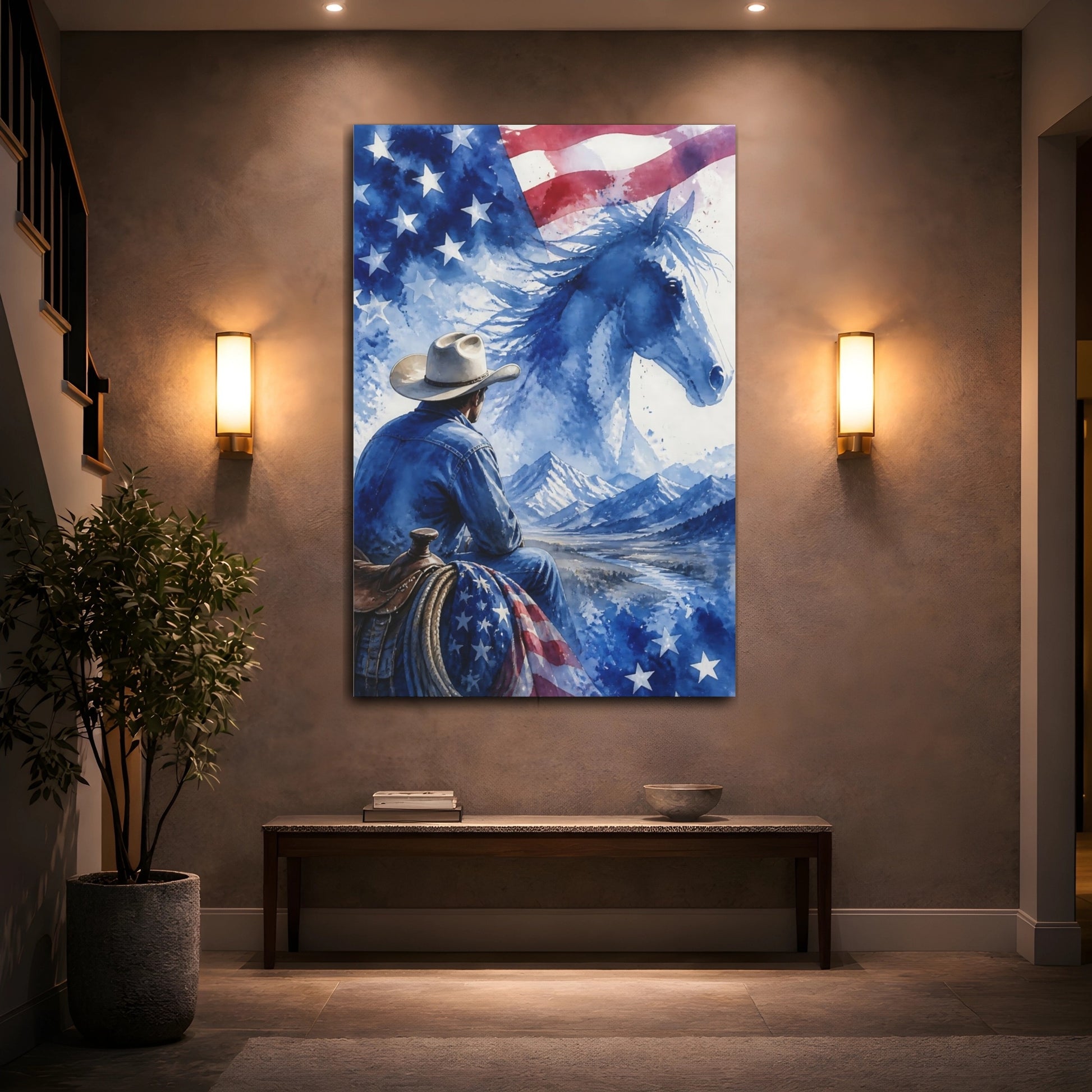 Mockup 2. Cowboy And Blue Horse shown as canvas print