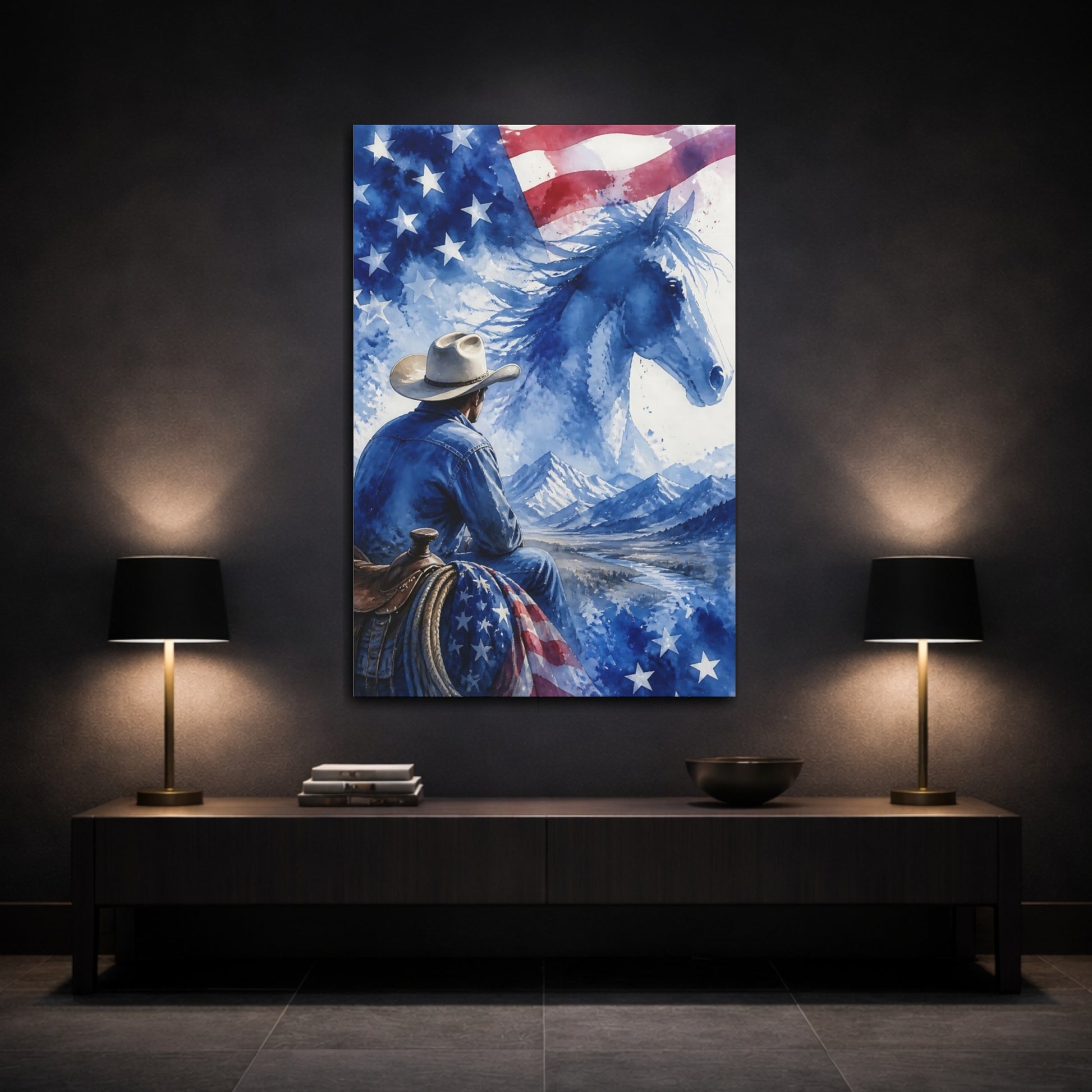 Mockup 3. Cowboy And Blue Horse shown as canvas print