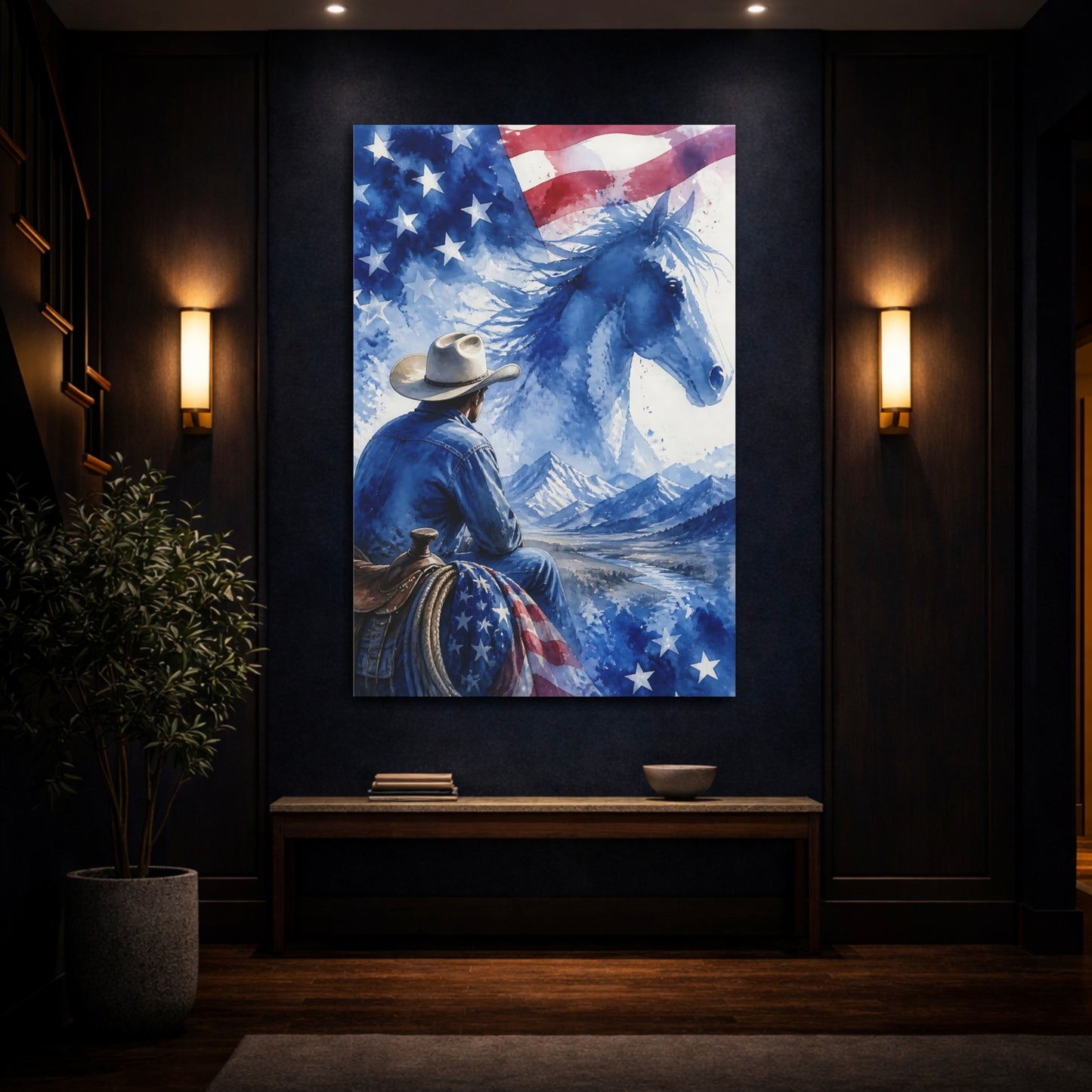 Mockup 4. Cowboy And Blue Horse shown as canvas print