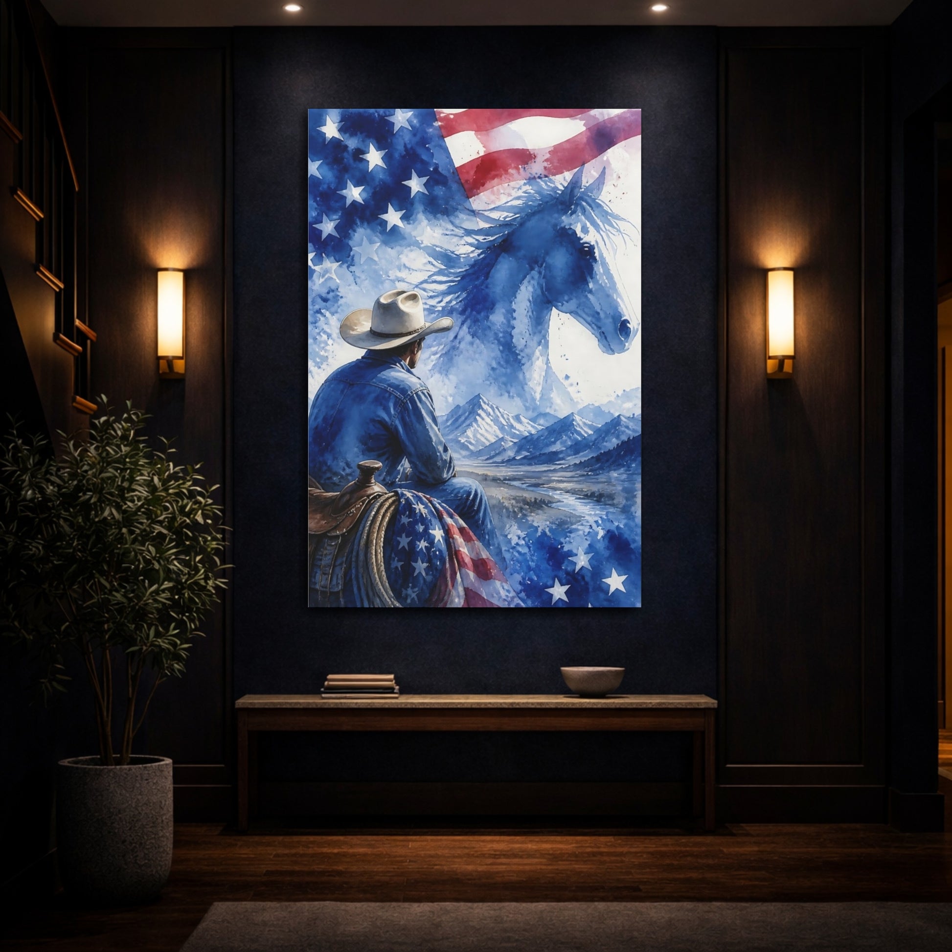 Mockup 4. Cowboy And Blue Horse shown as canvas print