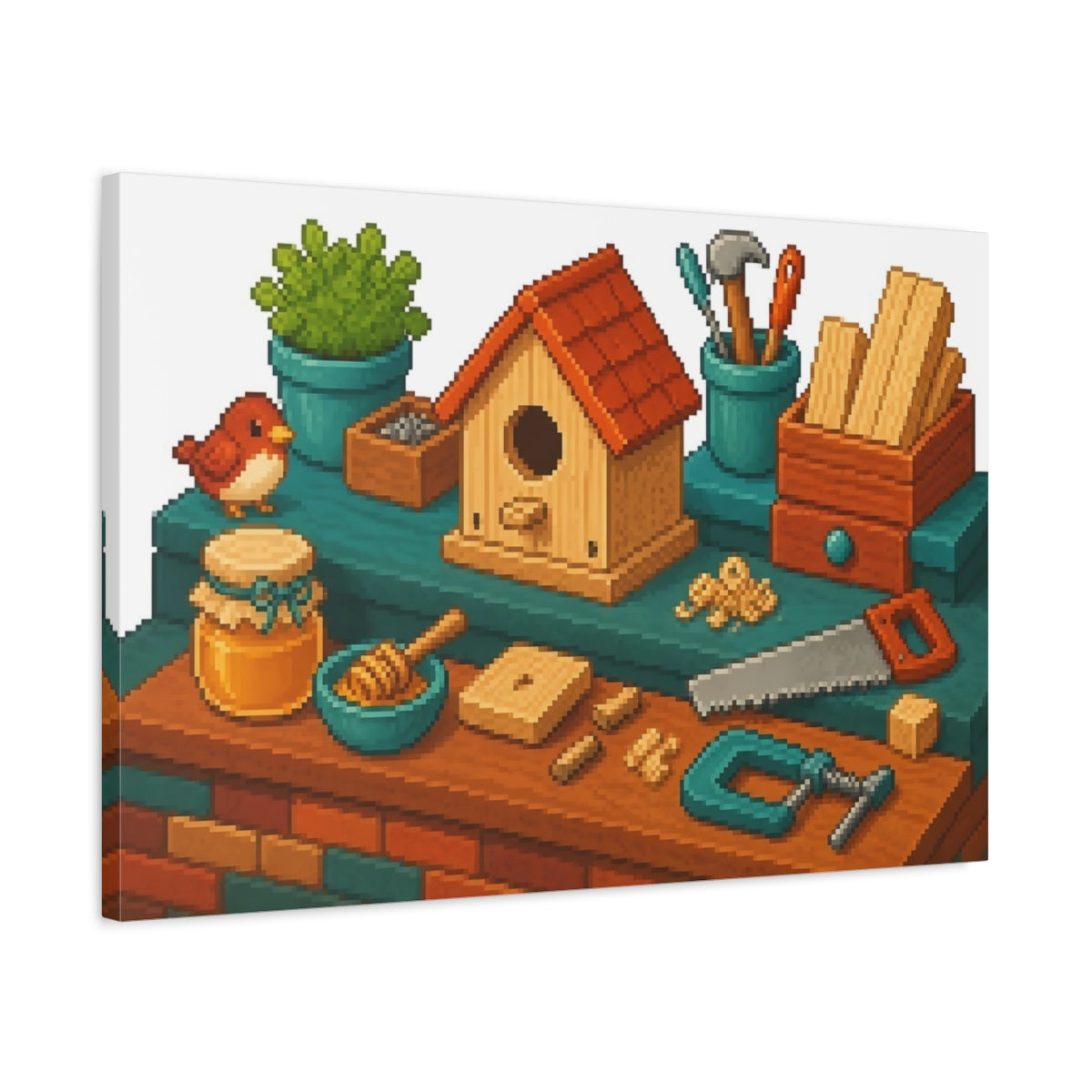 Side Mockup 2. Cozy Birdhouse Workshop shown as canvas print