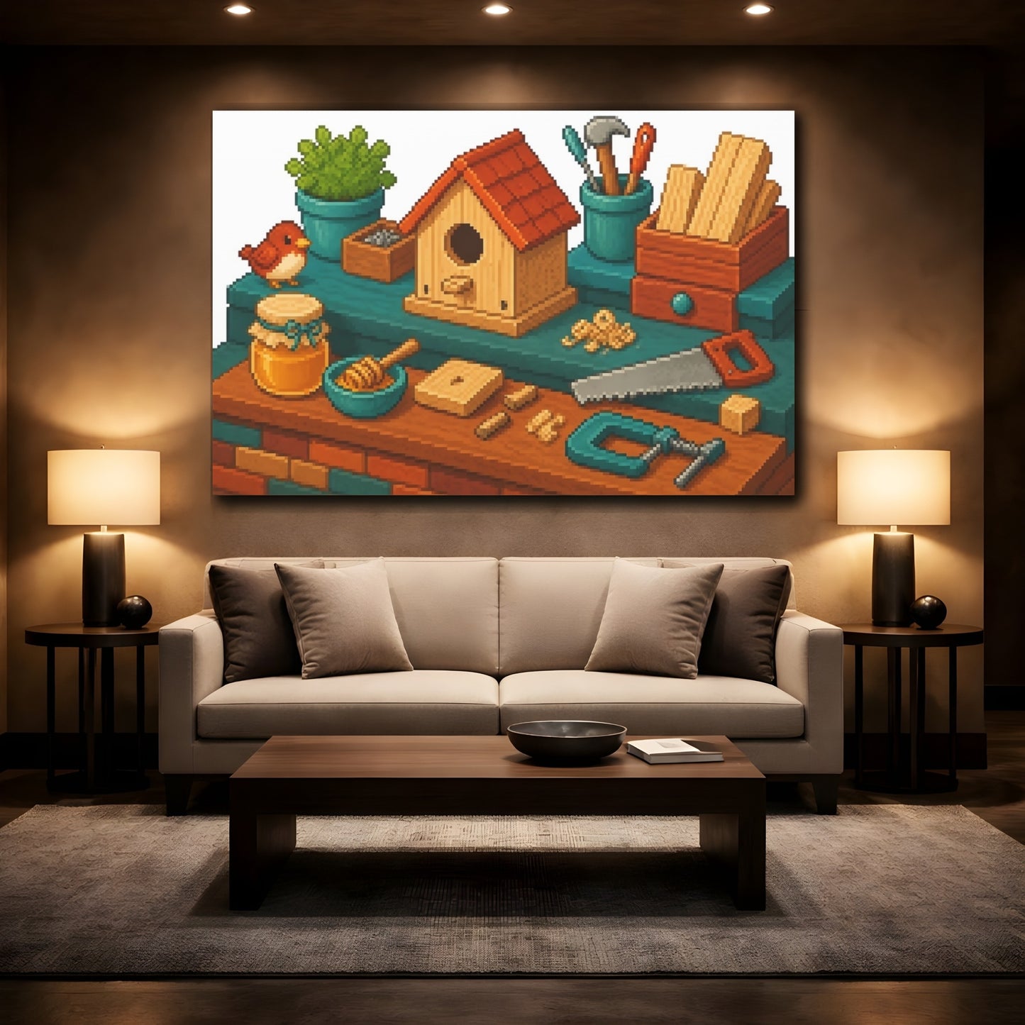 Mockup 2. Cozy Birdhouse Workshop shown as canvas print