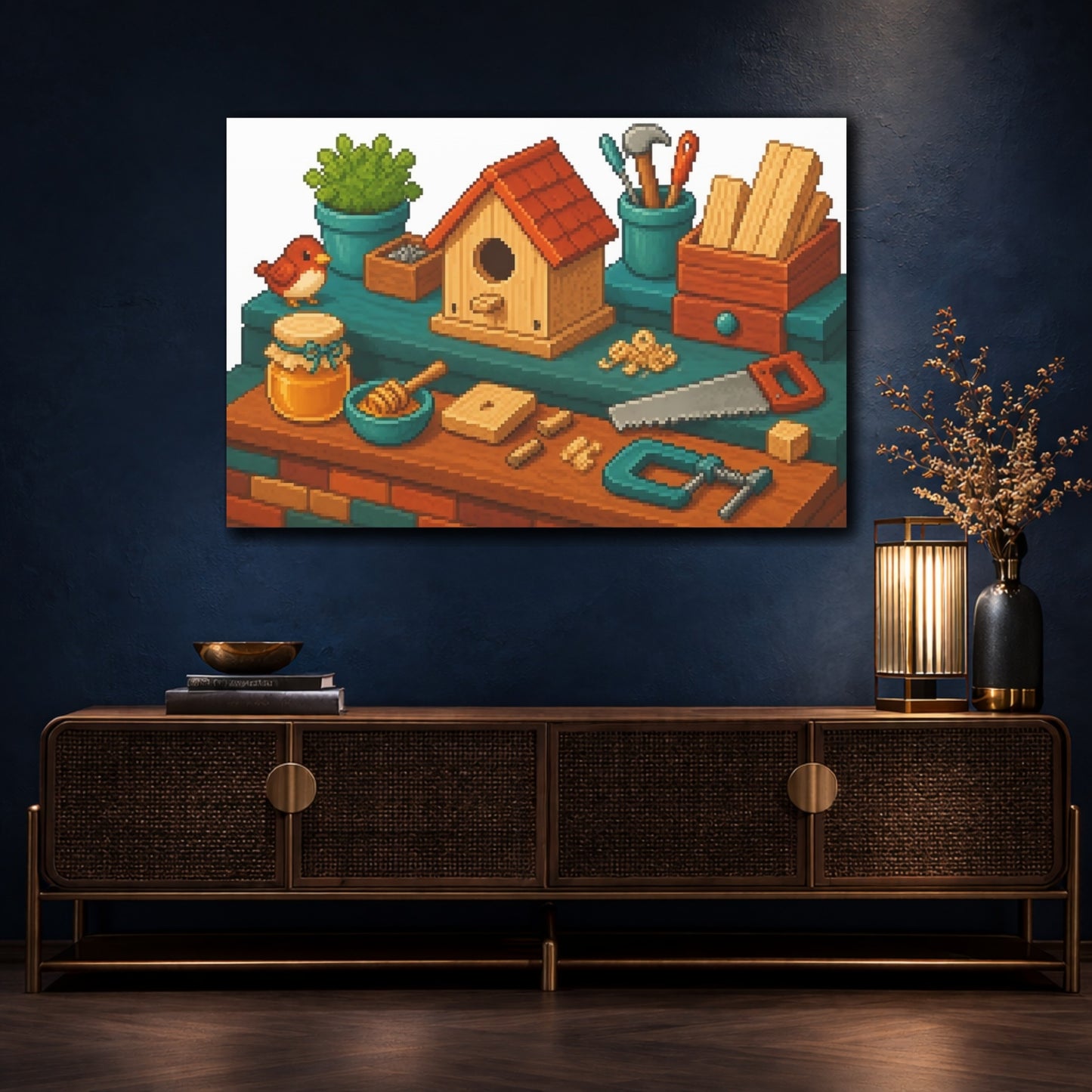 Mockup 4. Cozy Birdhouse Workshop shown as canvas print