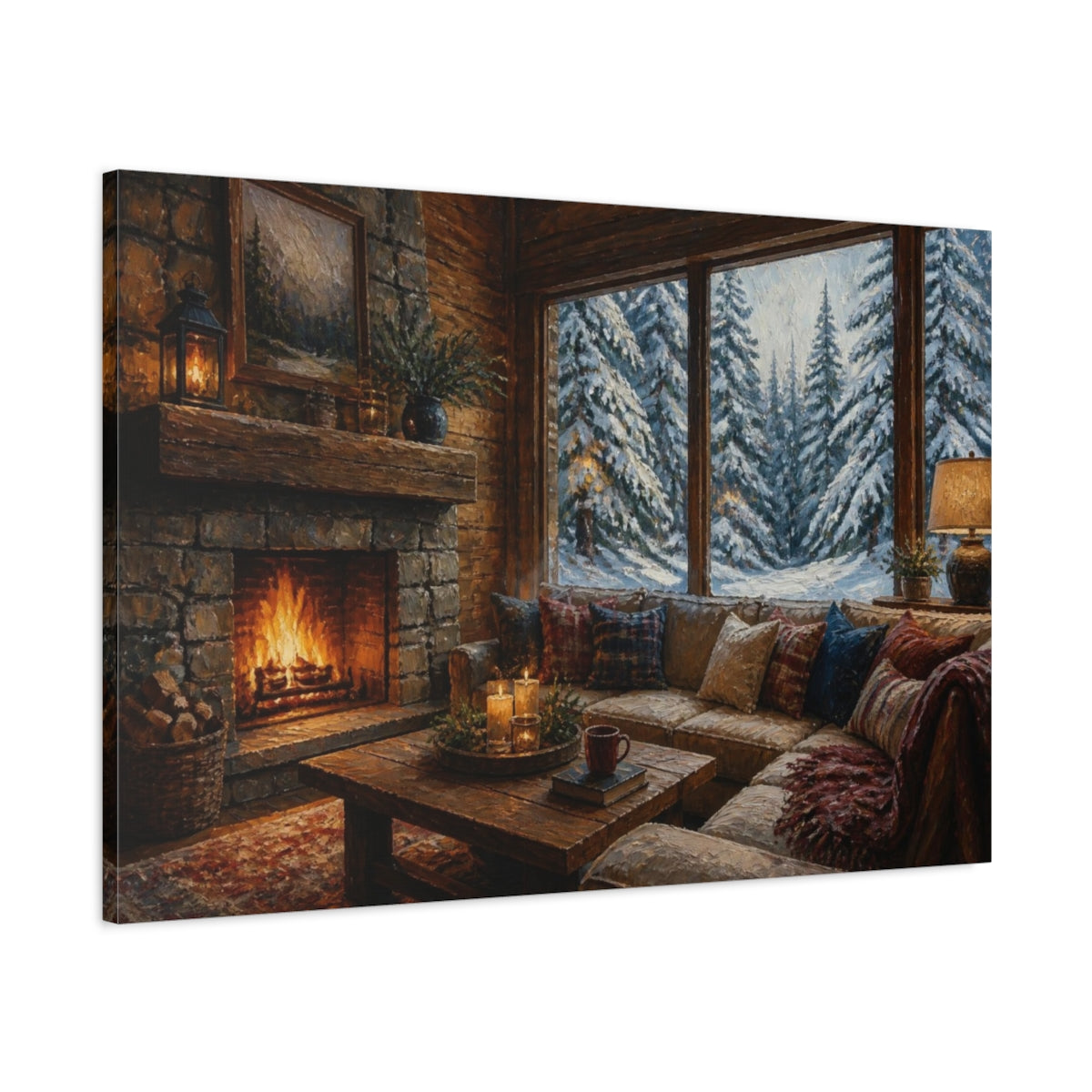 Main Mockup. Cozy Cabin Living Room shown as canvas print