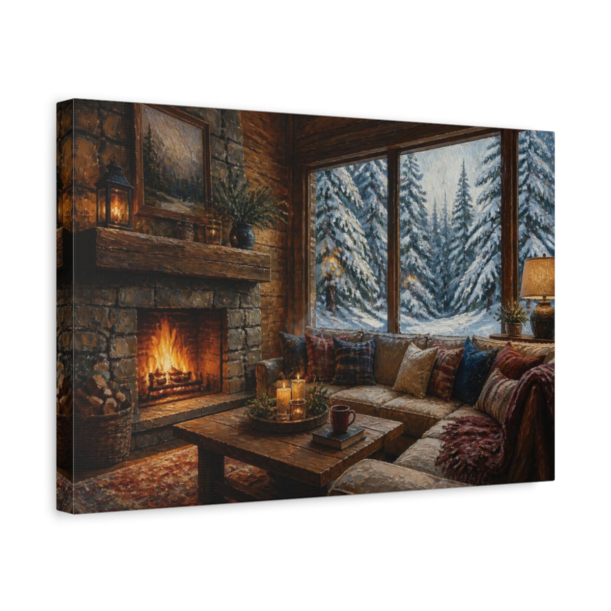 Side Mockup 4. Cozy Cabin Living Room shown as canvas print