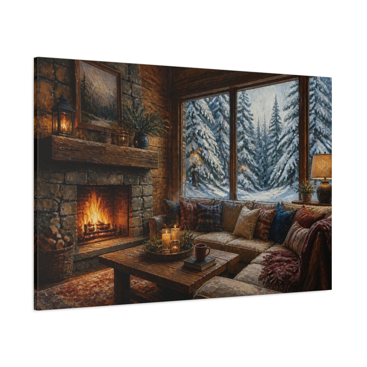 Side Mockup 1. Cozy Cabin Living Room shown as canvas print
