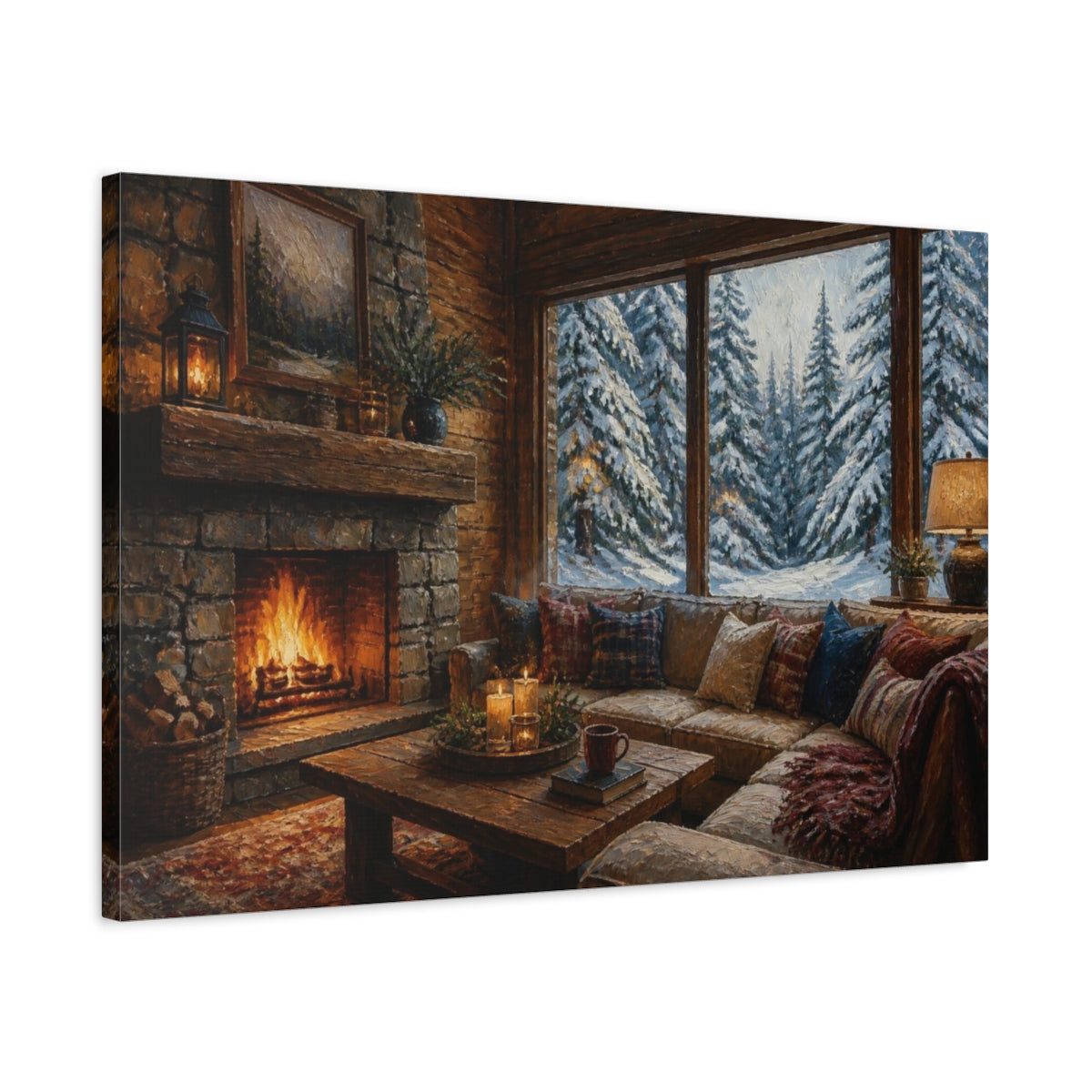 Side Mockup 2. Cozy Cabin Living Room shown as canvas print
